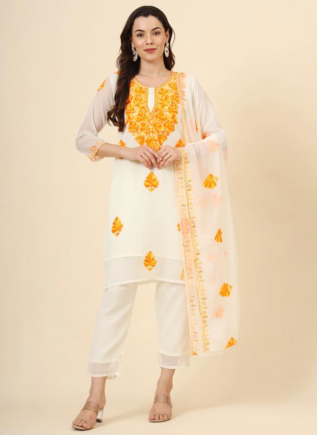 Georgette Yellow Festival Wear Lucknowi Chikankari Work Readymade Kurti Set